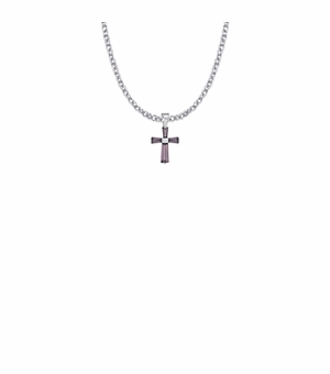 5/8 Inch Sterling Silver and Glass Crystal February Birthstone Baguette Cross Necklace