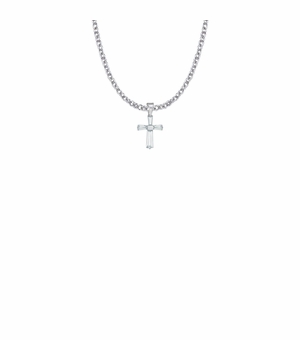 5/8 Inch Sterling Silver and Glass Crystal First Communion April Birthstone Baguette Cross Necklace