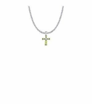5/8 Inch Sterling Silver and Glass Crystal First Communion August Birthstone Baguette Cross Necklace