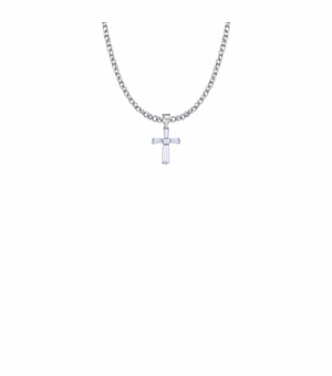5/8 Inch Sterling Silver and Glass Crystal First Communion June Birthstone Baguette Cross Necklace