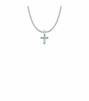 5/8 Inch Sterling Silver and Glass Crystal First Communion March Birthstone Baguette Cross Necklace