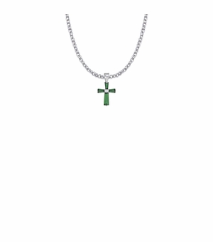 5/8 Inch Sterling Silver and Glass Crystal First Communion May Birthstone Baguette Cross Necklace