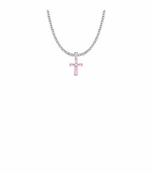 5/8 Inch Sterling Silver and Glass Crystal First Communion October Birthstone Baguette Cross Necklace