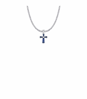 5/8 Inch Sterling Silver and Glass Crystal First Communion September Birthstone Baguette Cross Necklace
