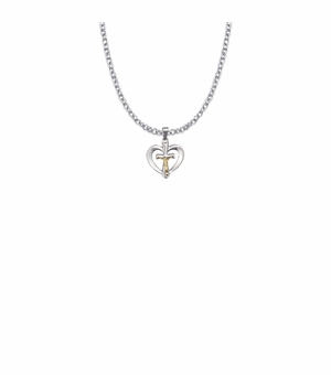 5/8 Inch Two-Tone Sterling Silver Heart with Crucifix Necklace