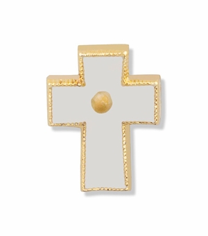 5/8 x 1/4 Gold Enameled Cross Lapel Pin with Mustard Seed