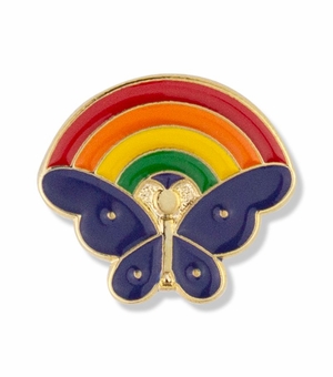 5/8 x 5/8 Inch Gold Enameled Butterfly and Rainbow Lapel Pin