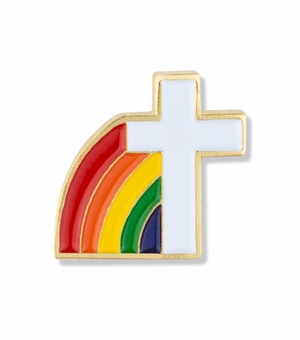 5/8 x 5/8 Inch Gold Enameled Cross and Rainbow Lapel Pin