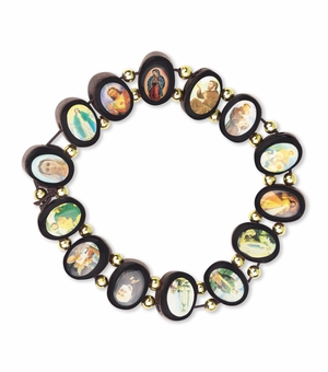 5 Inch Wood Bead Saint Iconographs Elastic Stretched Rosary Bracelet