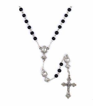5mm Black Glass Bead Communion Rosary with Crucifix and Chalice Center
