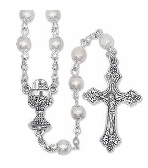 5mm Capped Pearl Communion Rosary with Crucifix and Chalice Center