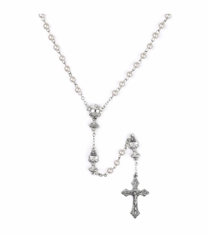 5mm Glass Bead Imitation Pearl Communion Rosary with Crucifix and Chalice Center