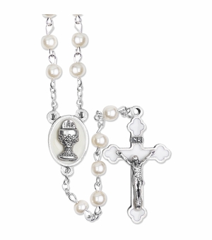 5mm Imitation Pearl Beads Rosary with Silver Plated Crucifix and Chalice Center
