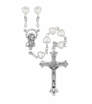 5mm Imitation Pearl Heart Bead Communion Rosary with Crucifix and Madonna Center