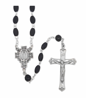5mm Oval Black Wood Beads Rosary with Crucifix and Miraculous Center