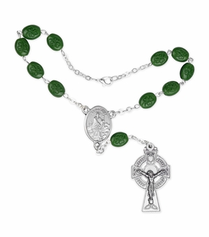 5mm Oval Green Beads Auto Rosary with Celtic Crucifix and St. Patrick Center