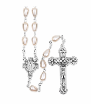 5mm Oval Pearl Tear Drop Bead Rosary with Crucifix and Miraculous Center