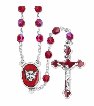 5mm Red Glass Beads Rosary with Crucifix and Dove Center