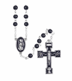 5mm Round Black Glass Bead Rosary with Crucifix and First Communion Praying Boy Center