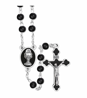 5mm Round Black Glass Beads Rosary with Crucifix and Chalice Center