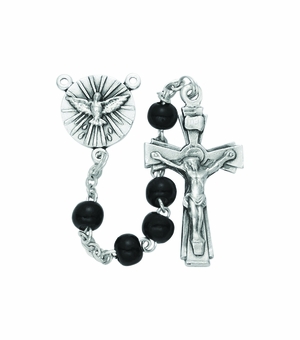5mm Round Black Wood Bead Rosary with Crucifix and Ascending Dove Center