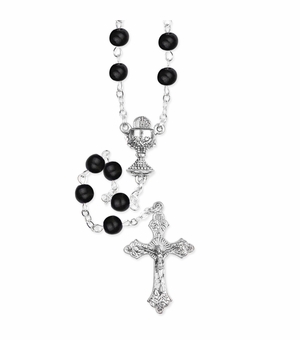 5mm Round Black Wood Bead Rosary with Crucifix and Chalice Center