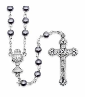 5mm Round Imitation Hematite Bead Rosary with Crucifix and Chalice Center