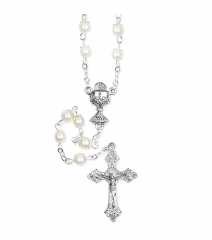5mm Round Imitation Pearl Bead Rosary with Crucifix and Chalice Center