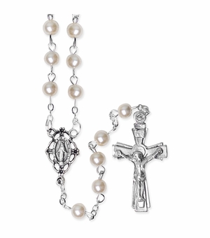 5mm Round Imitation Pearl Bead Rosary with Crucifix and Miraculous Center