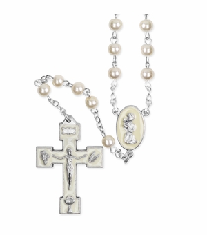 5mm Round Imitation White Pearl Bead Rosary with Crucifix and First Communion Praying Girl Center