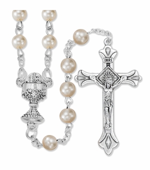 5mm Round White Glass Bead First Communion Rosary with Crucifix and Chalice Center