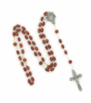 5mm Wood Coco Rosary Necklace with Fine Pewter Crucifix Pendant and Center