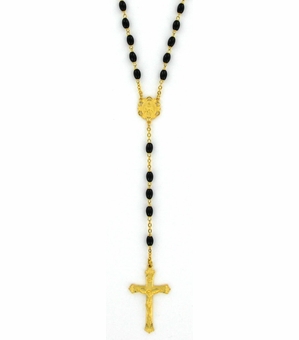 5X 7mm Polished Black Glass Beads Rosary Necklace and Miraculous Center
