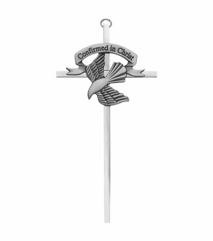 6-1/2 Inch Silver Plated Metal Wall Cross with Centered Confirmation Dove
