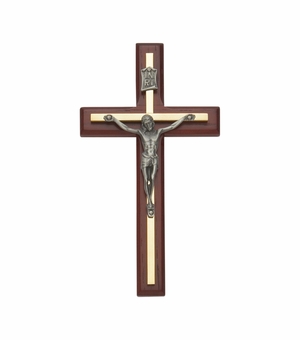 6-3/4 Inch Cherry Wood and Brass Wall Crucifix with Pewter Corpus