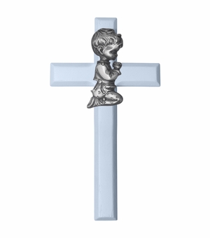 6-3/4 Inch Painted Blue Wood Praying Boy Wall Cross