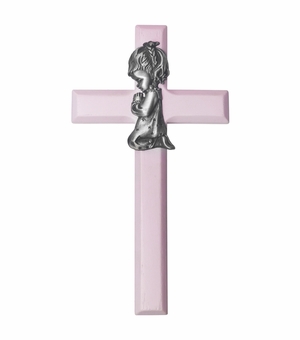 6-3/4 Inch Painted Pink Wood Praying Girl Wall Cross