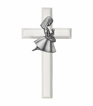 6-3/4 Inch Painted White Wood First Communion Girl Wall Cross