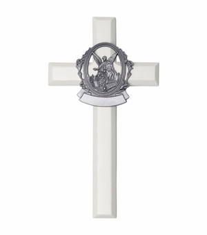 6-3/4 Inch Painted White Wood Guardian Angel Wall Cross