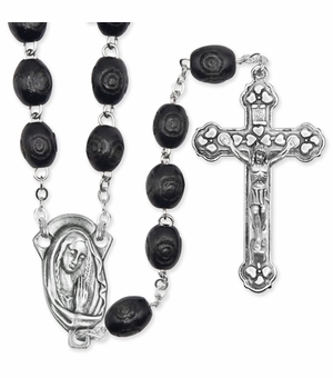 6.5mm Black Carved Wood Bead  Wood Bead Rosary with Crucifix and Madonna Center