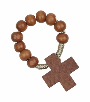 6.5mm Brown Wood Bead Rosary Ring/Finger Rosary with Cross