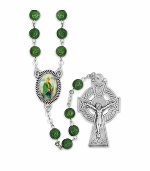 6.5mm Glass Shamrock Bead Rosary with Celtic Crucifix and St. Patrick Center