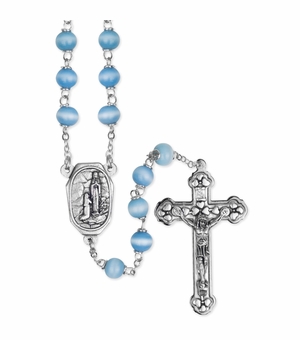 6.5mm Light Blue Synthetic Bead Rosary with Crucifix and Our Lady of Lourdes with Holy Water Center