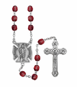 6.5mm Red Crystal Glass Beads Rosary with Crucifix and St. Florian Center
