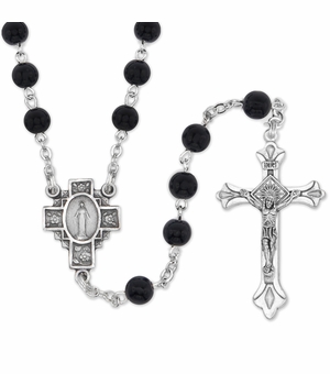 6.5mm Round Black Glass Beads Rosary with Crucifix and Miraculous Center