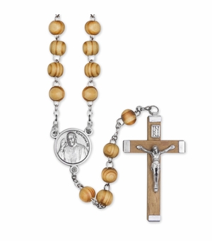 6.5mm Round Brown Carved Wood Bead Rosary with Crucifix and Pope Francis Center