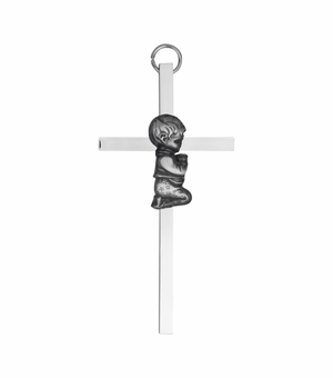 6 Inch Silver Plated and Pewter Baby Boy Wall Cross