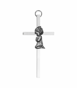 6 Inch Silver Plated and Pewter Baby Girl Wall Cross