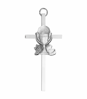 6 Inch Silver Plated Metal Wall Cross with Centered First Communion Chalice