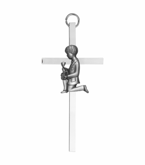 6 Inch Silver Plated Metal Wall Cross with Centered Kneeling First Communion Boy